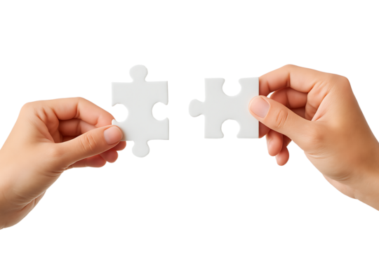 Two human hands holding matching white jigsaw puzzle pieces connecting together on white background