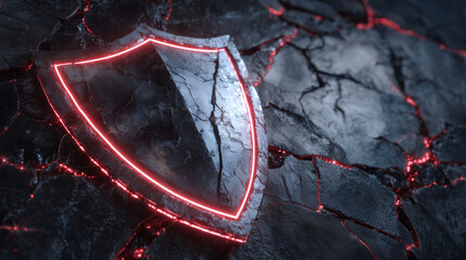 Damaged metallic shield glowing with intense red neon light, mounted on a dark cracked wall; futuristic cyberpunk atmosphere highlighting vulnerability, broken defenses, and loomin