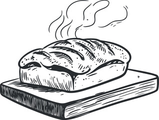 Vintage hand-drawn vector illustration of a freshly baked loaf of bread on a wooden board, perfect for bakery branding and food-related designs