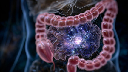 Clinical-style illustration of digestive anatomy showing inner organ structure, annotated tumor region, and textured organ surfaces, linking to cancer diagnosis and medical researc