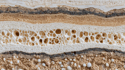 High-resolution anatomical view of a bone slice, showing porous spongy tissue, dense cortical layers, calcium crystallization, and collagen fiber networks in a precise medical illu