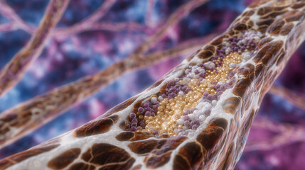Digital medical artwork of a cross-sectioned human bone, highlighting internal microstructure, calcium accumulation, and fibrous collagen strands, emphasizing anatomy and bone heal