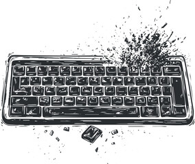 Dynamic vector illustration of a shattered keyboard with an explosive effect, ideal for technology and digital art projects