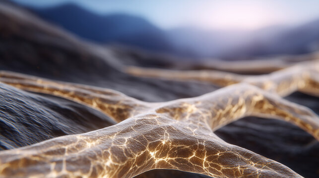 Artistic yet scientifically accurate depiction of bone anatomy in close-up, focusing on calcium density, collagen fiber orientation, and porous microarchitecture of healthy bone ti