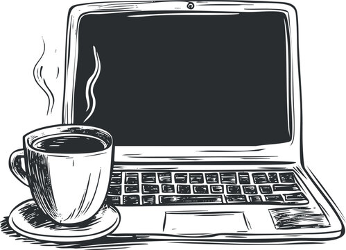 Hand-drawn sketch style vector illustration of a laptop and a cup of coffee, ideal for workspace and productivity concepts