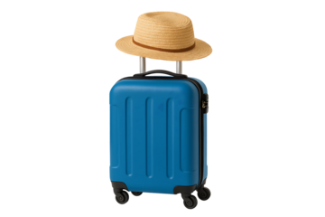 Modern cabin size trolley suitcase in blue color with straw sun hat for tourism on white background