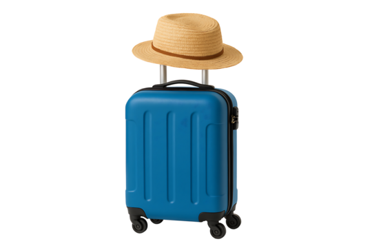 Modern cabin size trolley suitcase in blue color with straw sun hat for tourism on white background