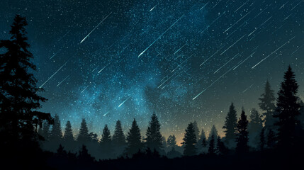 Starry night sky with glowing shooting stars above pine forests.