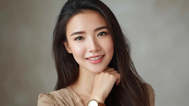 A captivating headshot features a radiant young Asian woman, confidently smiling directly into the camera. Her long, dark hair beautifully frames her face, highlighting her clear, healthy skin and bri