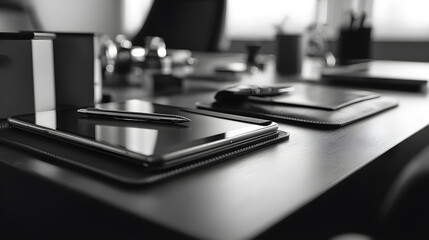 Modern office desk setup with digital devices and stationery, conveying professionalism and focus.