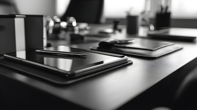 Modern office desk setup with digital devices and stationery, conveying professionalism and focus.