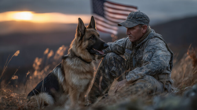 Emotional scene of a veteran resting hand on his German Shepherd, both facing the setting sun with the US flag waving behind them, warm tones highlighting service, companionship, a
