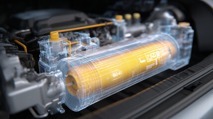 Macro artistic rendering of a yellow CNG cylinder in a car trunk, components of the GNV system emphasized with reflective light, conveying sustainable methane energy for eco-friend