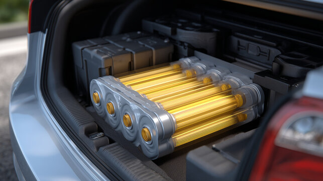 Macro artistic rendering of a yellow CNG cylinder in a car trunk, components of the GNV system emphasized with reflective light, conveying sustainable methane energy for eco-friend