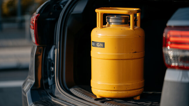 Close-up visualization of a yellow natural gas cylinder installed in the trunk of a modern car, connected to GNV system, glowing under subtle reflections, emphasizing low-emission