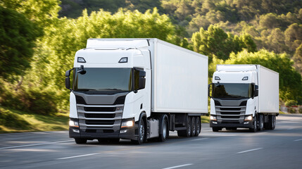 Wide-angle view of two white semi-trailers cruising on a sunny road, smooth asphalt reflecting sunlight, with green foliage flanking both sides, illustrating modern logistics and c