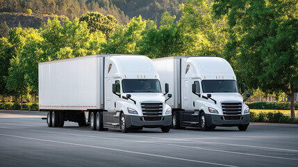 Cinematic shot of two white tractor-trailers on a sunny highway, road lined with lush greenery, conveying speed, efficiency, and modern commerce logistics