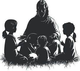 Silhouette vector illustration of a spiritual figure engaging with children in a storytelling session, ideal for educational and faith-based projects