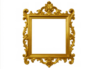 Golden ornate baroque frame standing empty with rococo ornament, elegant border for luxury design elements, transparent background