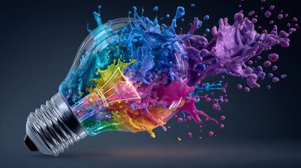 Digital artwork of a lightbulb emitting radiant glow, combined with energetic color splashes, symbolizing creative ideas, brainstorming sessions, and concept innovation