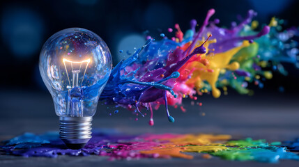 Close-up of a glowing lightbulb with vibrant splashes of rainbow paint bursting outward, visual metaphor for creative thinking, idea generation, and inventive solutions