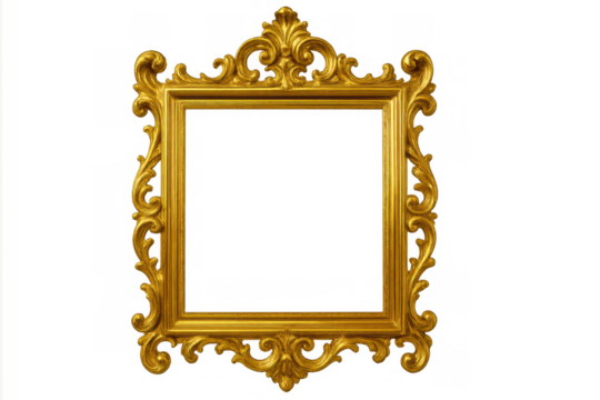 Golden ornate baroque frame standing empty with rococo ornament, elegant border for luxury design elements, transparent background