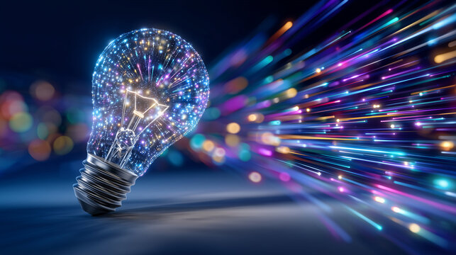 Artistic concept illustration of a luminous lightbulb with colorful dynamic bursts radiating outward, visualizing imagination, idea generation, and brainstorming energy