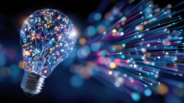 Artistic concept illustration of a luminous lightbulb with colorful dynamic bursts radiating outward, visualizing imagination, idea generation, and brainstorming energy