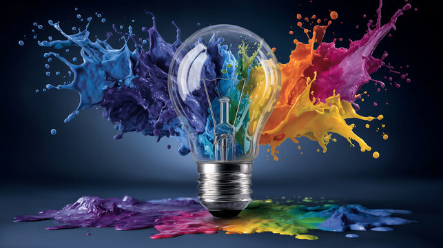 Creative concept art of a radiant lightbulb surrounded by colorful paint bursts, symbolizing innovation, imaginative thinking, and brainstorming energy for marketing purposes