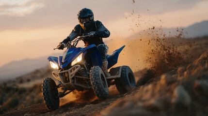 Close-up of quad bike wheels digging into desert sand at sunset, rider leaning forward in full gear, dust particles flying, highlighting offroad thrill and active lifestyle