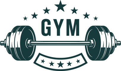 Vintage Style Gym Logo Vector Graphic with Heavy Barbell and Stars, Ideal for Fitness Club Emblem, Workout T-shirt Print, and Weightlifting Training Center Badge Design.
