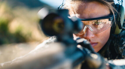 Close-up of shooterâs hands gripping rifle, finger poised near trigger, target in distance, safety glasses and earmuffs on, intense focus on hitting the center