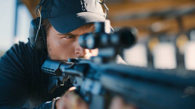 Side view of man aiming rifle at a target, safety gear on, cap shading eyes, indoor shooting range setup with target boards in clear view, capturing focus and athletic discipline