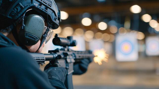 Professional marksman at indoor range, rifle aimed carefully, protective gear worn, bullseye target highlighted in frame, conveying skill, focus, and controlled precision