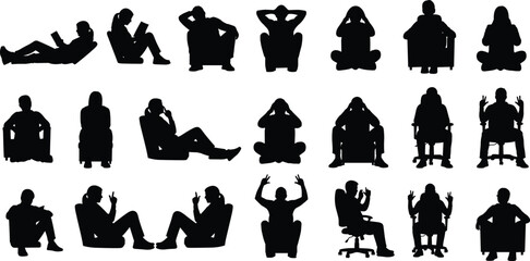 Naklejka premium Diverse Sitting People Black Silhouette Vector Set: Relaxing, Reading, Working, and Meditating Poses for Lifestyle, Office, Mental Health, and Leisure Graphic Design.