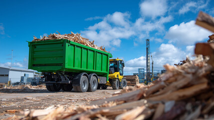 Obraz premium Green metal skip on a construction site under clear blue sky, filled with wood debris, sunlight highlighting textures of scrap and metal bin, eco-friendly recycling focus