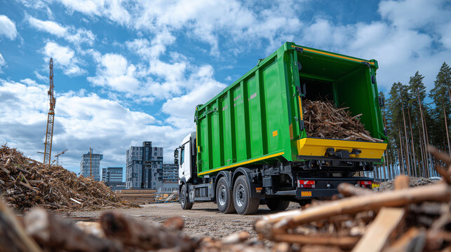 Side view of green metal skip packed with wood branches, bright daylight illuminating bin, dusty construction area, clouds floating in clear sky, representing eco-conscious disposa