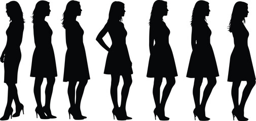 Women in Dress Black Silhouette Vector Set: Female Figures in Profile View, Ideal for Fashion Illustration, Model Poses, Advertising, and Social Diversity Graphic Design.