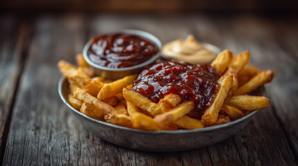 Crispy golden french fries piled in metal bowl, ketchup dripping over fries, creamy mayonnaise dip perfectly swirled on the side, warm tones enhancing appetizing look for culinary