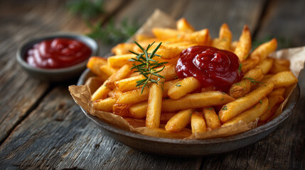Golden french fries served in paper-lined metal bowl, bright red ketchup and creamy mayo complementing golden tones, close-up highlighting texture, crunch, and snack appeal