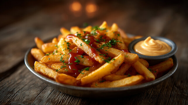 Crispy golden french fries piled in metal bowl, ketchup dripping over fries, creamy mayonnaise dip perfectly swirled on the side, warm tones enhancing appetizing look for culinary