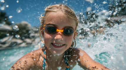 Blonde girl diving underwater, wearing bright orange goggles, smiling at camera, sparkling bubbles rising, playful summer vacation concept captured in pool scene