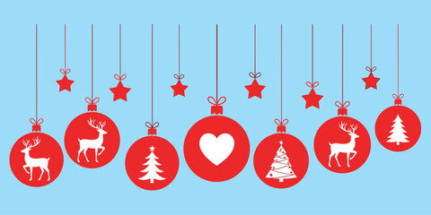 Christmas ornaments, hanging stars, red baubles, reindeer silhouette, festive decor, holiday design, winter theme, flat vector illustration © Creative Mind
