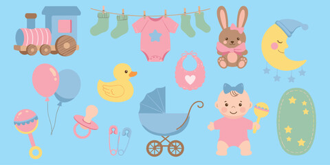 Baby care and nursery elements collection, cute infant items, playful design for kids, pastel background, flat vector illustration