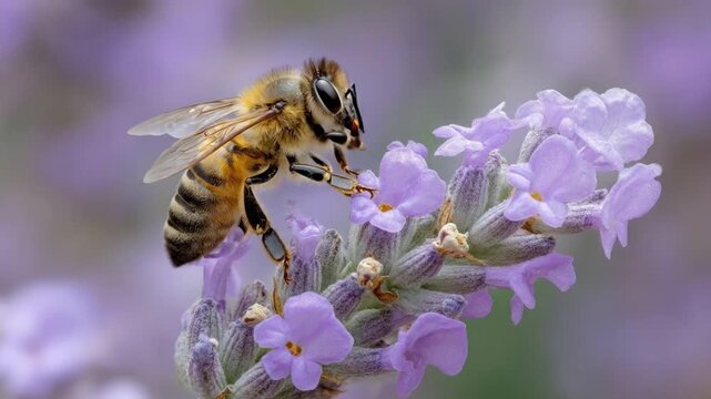 A captivating macro shot reveals the intricate details of a diligent pollinator actively gathering nectar from a cluster of vibrant purple blossoms. The fuzzy texture of the insect's body, its delicat