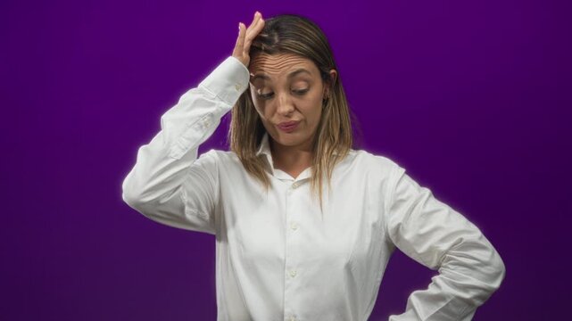 Young blonde woman with hand on forehead and other hand on hip in studio against purple backdrop; frustration doubt fatigue.