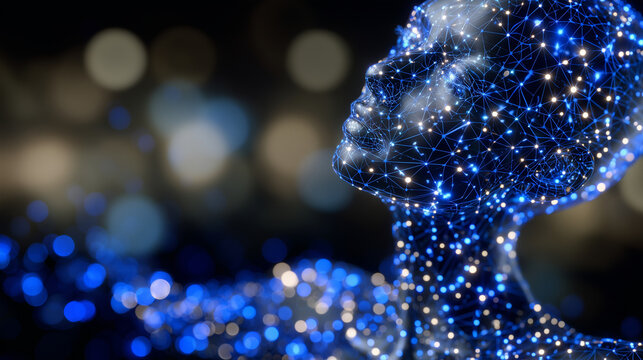 Profile portrait of a person with glowing blue tech mesh overlay, digital network extending into surrounding cyber space, symbolizing artificial intelligence and connectivity