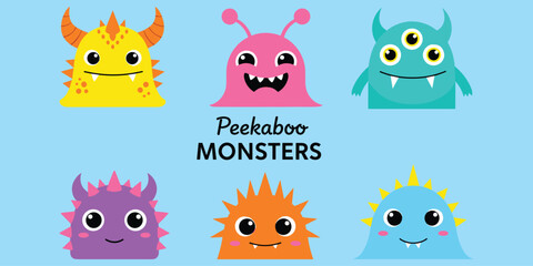Peekaboo monsters collection, cute cartoon creatures, colorful fantasy characters, kids design elements, playful expressions, flat vector illustration