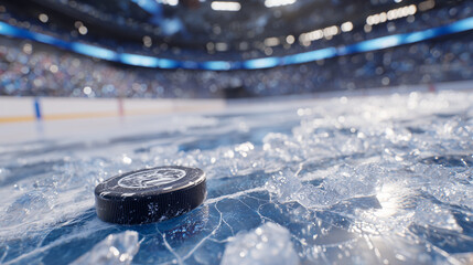 Close-up shot of puck on ice with jagged ice pieces, arena lighting creating glimmering reflections, frozen surface textures detailed, ready for competitive hockey gameplay
