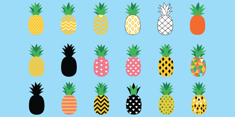 Stylized pineapple pattern collection, colorful fruit designs with unique textures, tropical summer theme art, flat vector illustration